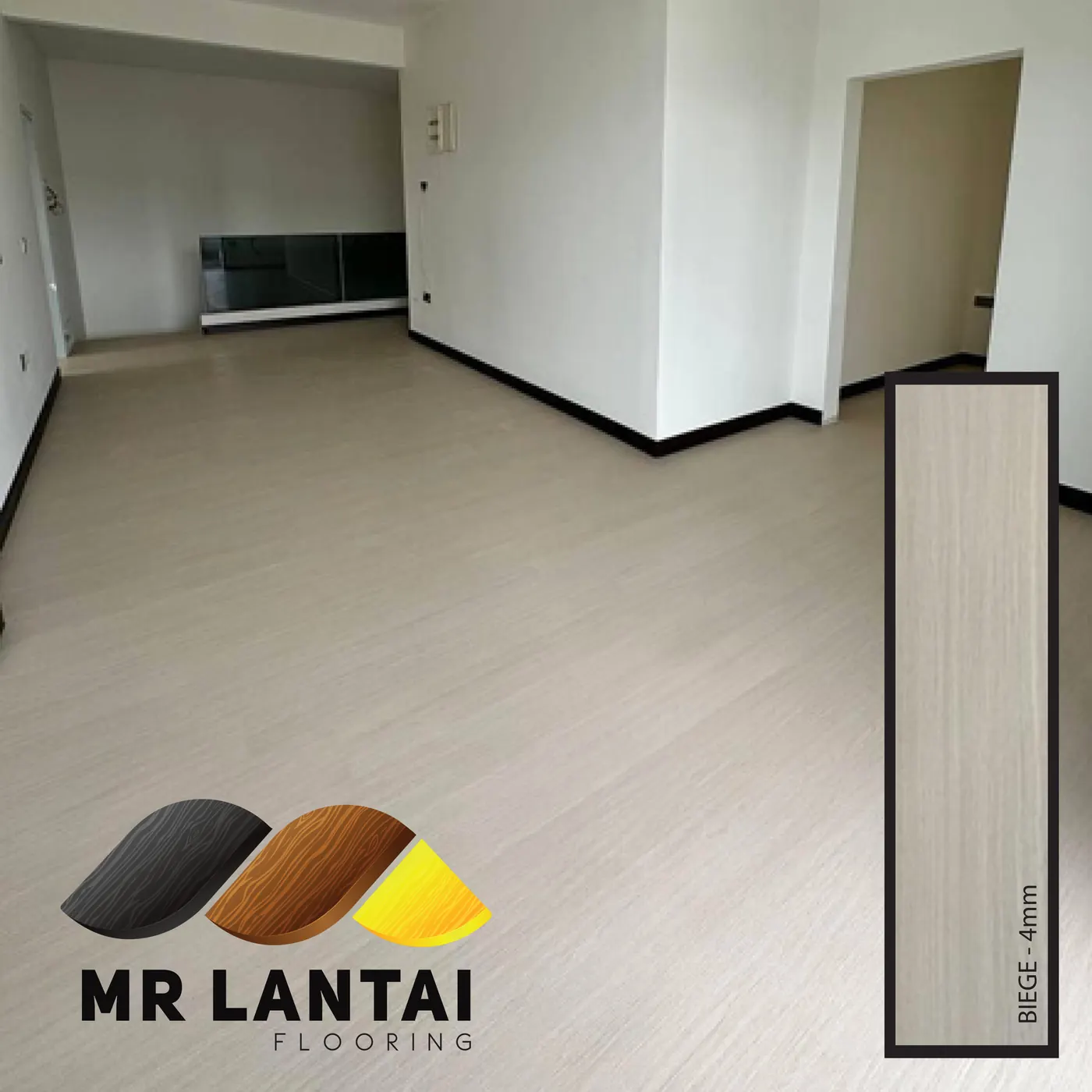 Beige 4mm SPC flooring installed in a room, Mr Lantai Flooring