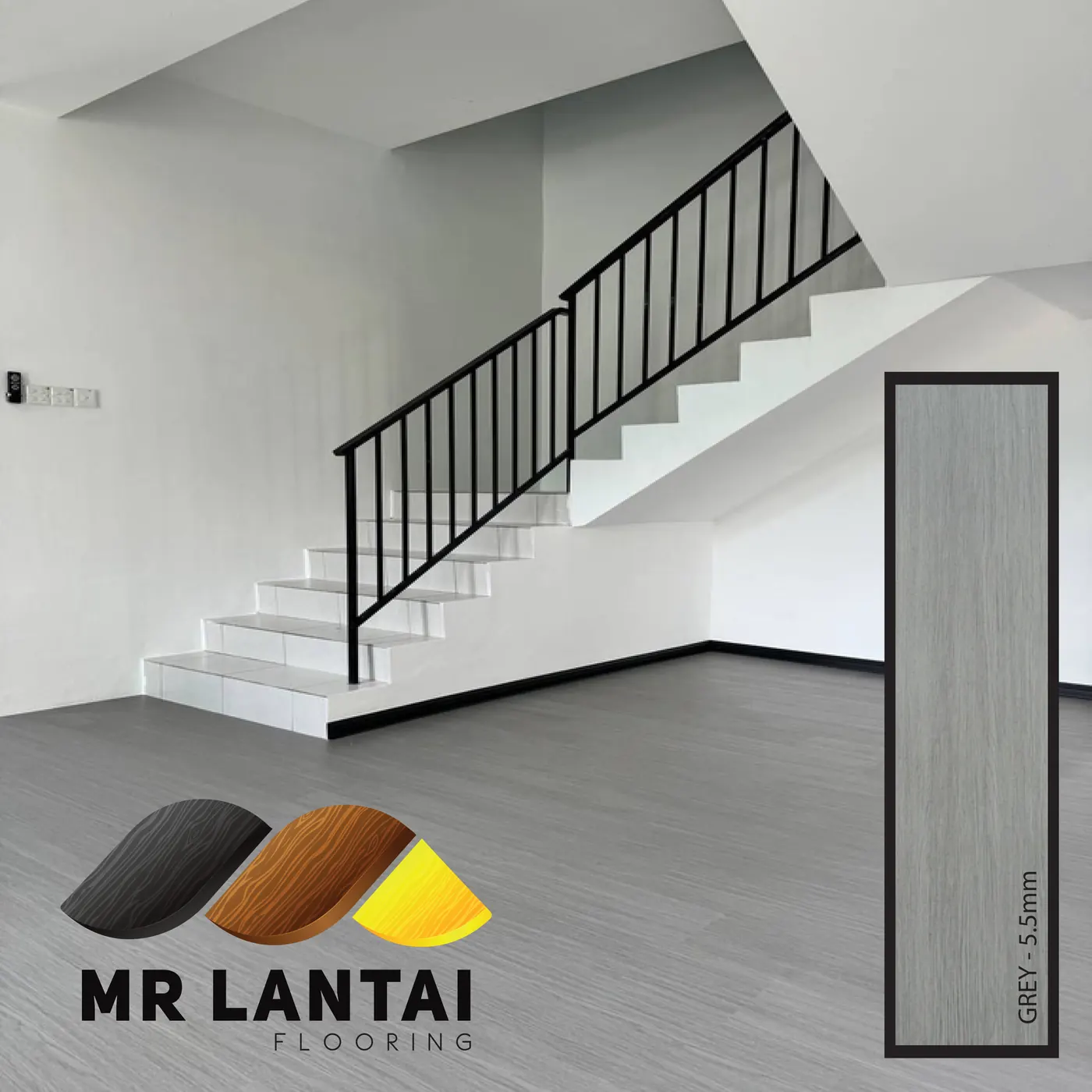 Grey 5.5mm SPC flooring installed in a room, Mr Lantai Flooring