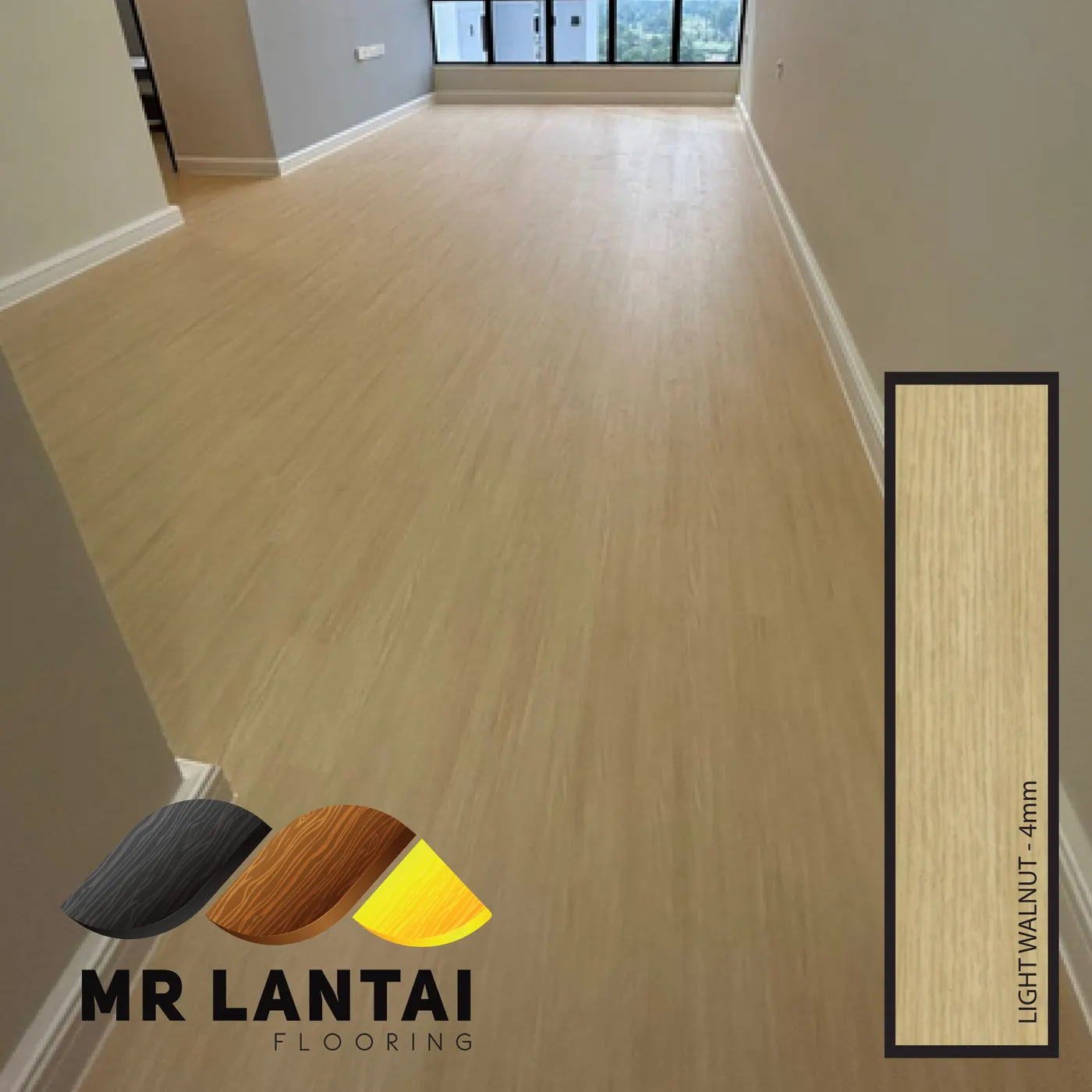 Light Walnut 4mm SPC flooring installed in a room, Mr Lantai Flooring