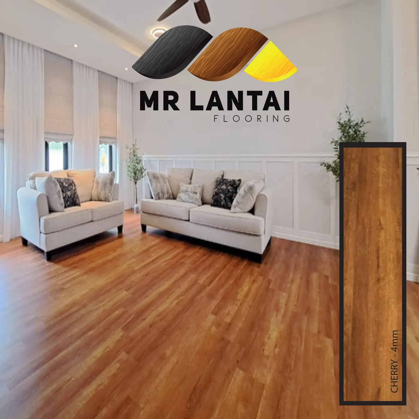 Cherry-finish 4mm SPC flooring in a bright living room, supplied and installed by Mr Lantai Flooring